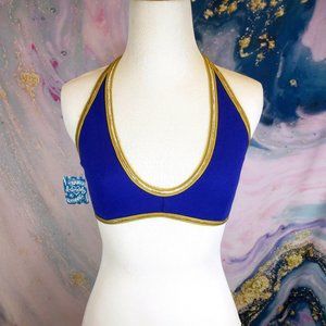 FREE PEOPLE cobalt blue ribbed jersey t-back bralette w/ metallic + olive trim